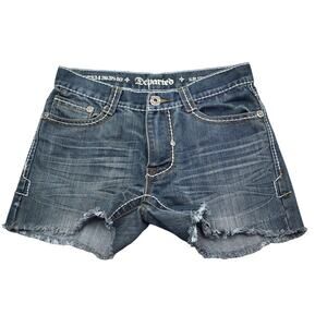 Departed Shorts Women 30 Blue Mid Rise Flat Front Button Zip Cut Off Denim Jorts